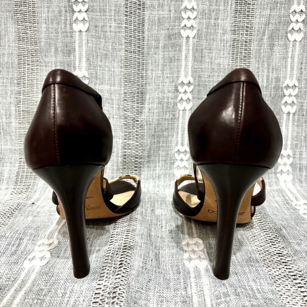 Jimmy Choo London Made in Italy Leather & Leopard Canvas Peep Toe Heels Size 38